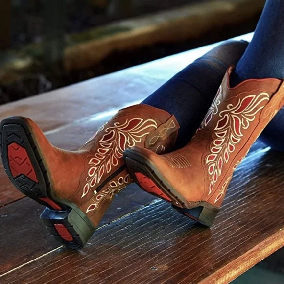 QUT Western Boots for Women Cowboy Riding Mid-Calf Real Leather Zip Cowgirl Boot - Picture 13 of 14